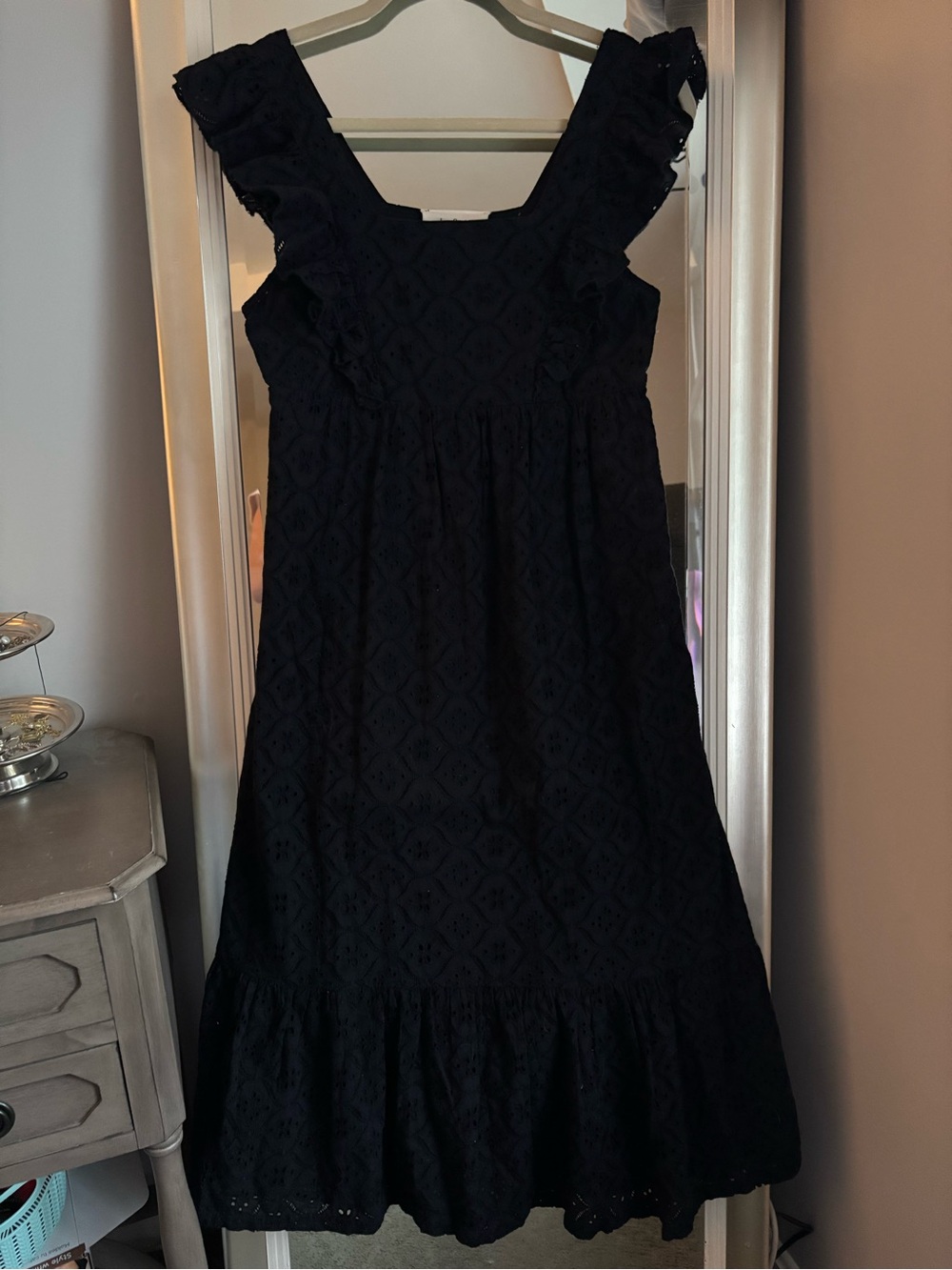 ba&sh Byrd Black Eyelet Ruffle Midi Dress Sleeveless Noir 100% Cotton Side Zip 4